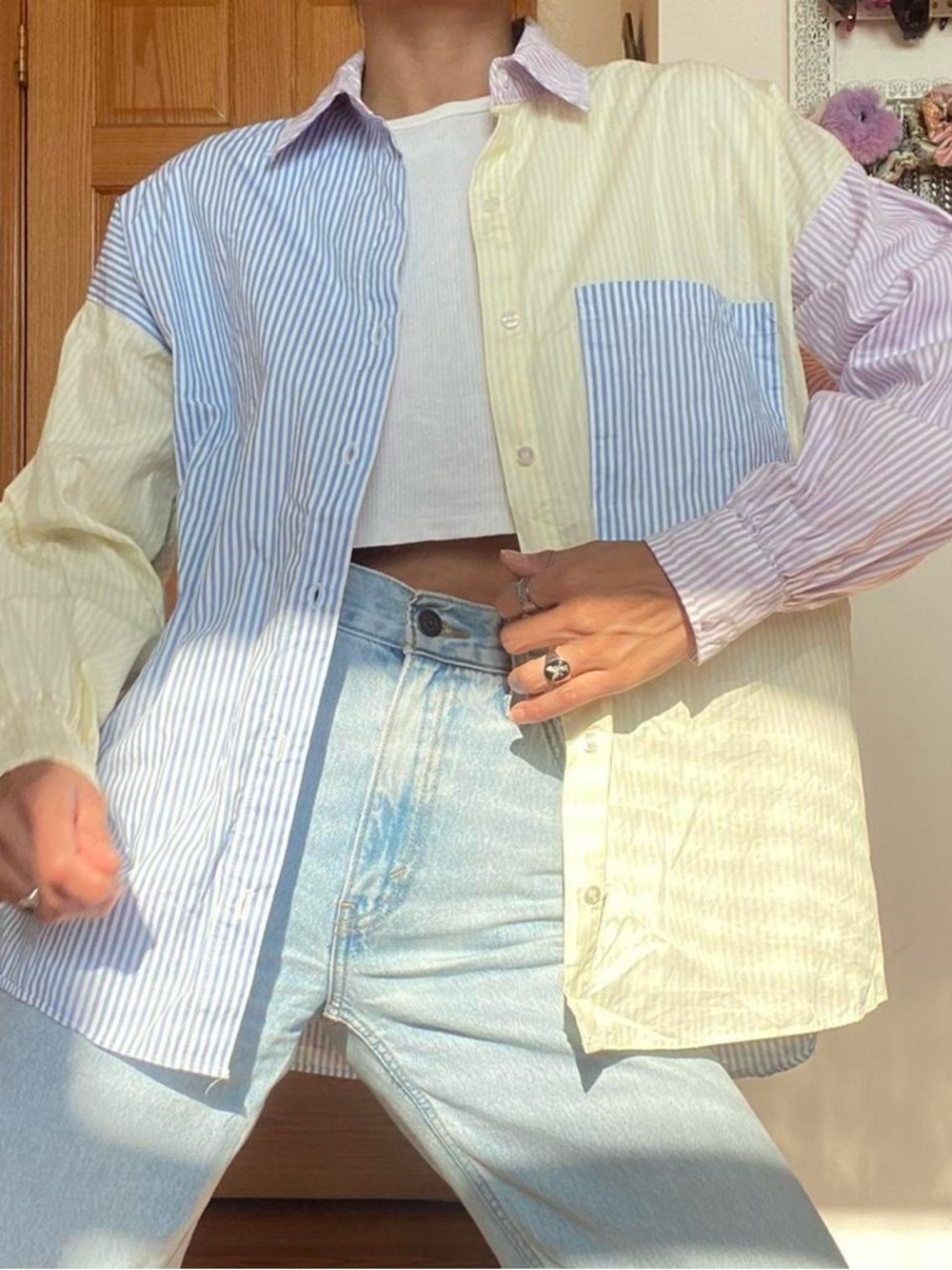 Striped Color Block Button Down Shirt in Pastel Blue, Yellow & Pink